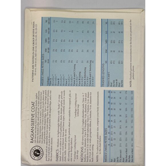 Raglan-Sleeve Coat Sewing Pattern Misses Sizes S M L XL Loose-Fit Design - Picture 2 of 2